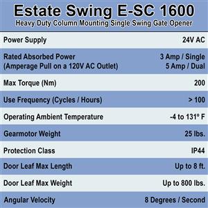Estate Swing E-SC 1600 Automatic Single Swing Column Mount Gate Operator